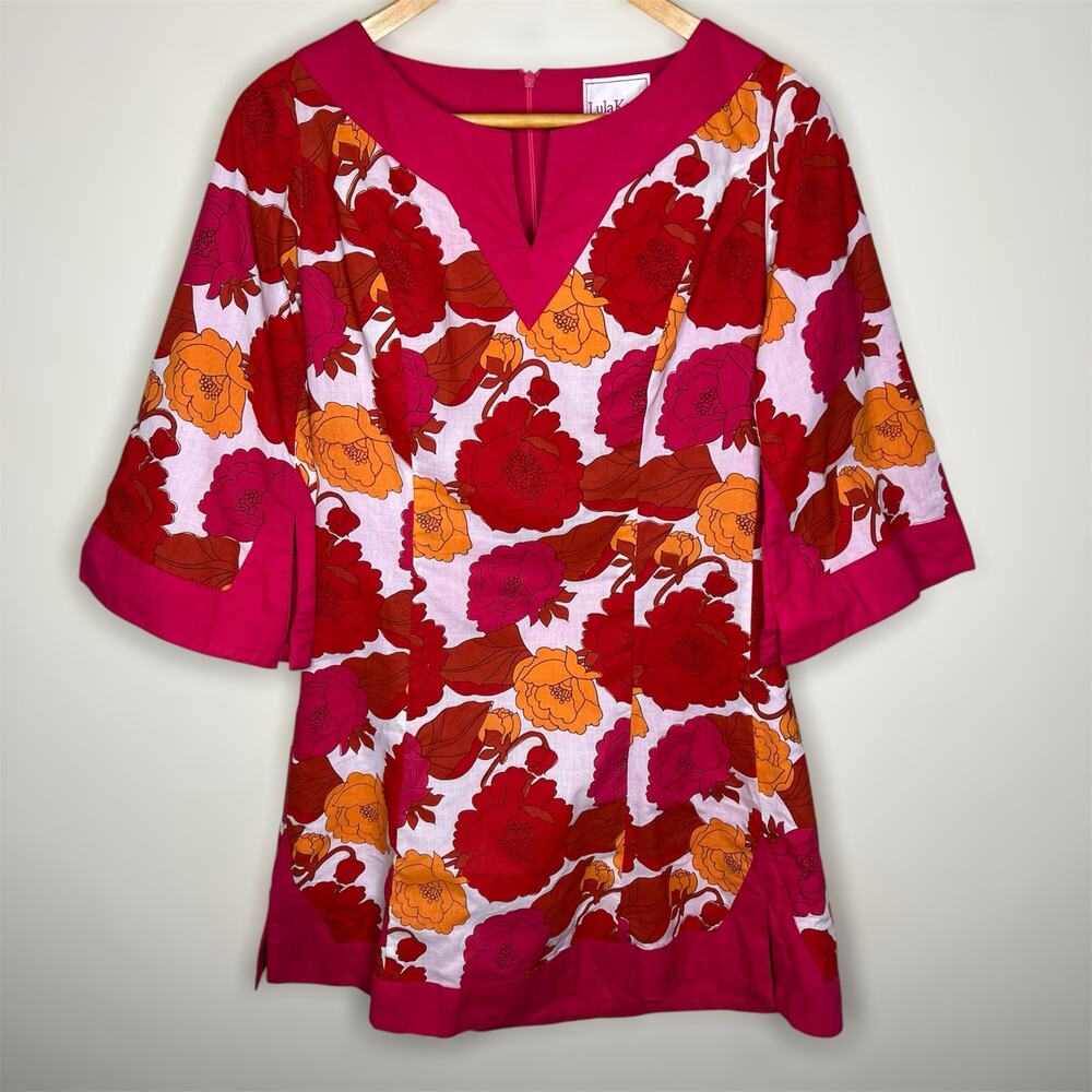 Lula Kate Mini Dress XS Women 0 Floral A-Line Split Neck Pink Orange 100% Cotton